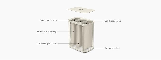 Joseph Joseph Tota Trio 90 liter/23.8 gallon Laundry Hamper Separation Basket with lid, 3 Removable Washing Bags with Handles- Ecru-Ruum Studio Home
