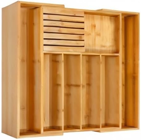 VaeFae Bamboo Silverware Drawer Organizer Kitchen, Expandable Utensil Organizer with Knife Block, Cutlery Tray with Divider, Multifunctional Wooden Drawer Organizer-Ruum Studio Home