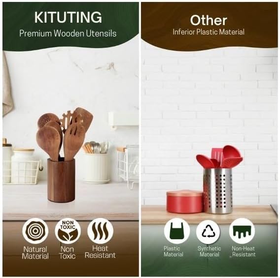Wooden Spoons for Cooking Set of 10 - Cooking Utensils with Spoon Rest & Holder – Comfortable Grip & Easy to Clean - Wooden Spoon Set for Kitchen with four Hanging Hooks-Ruum Studio Home