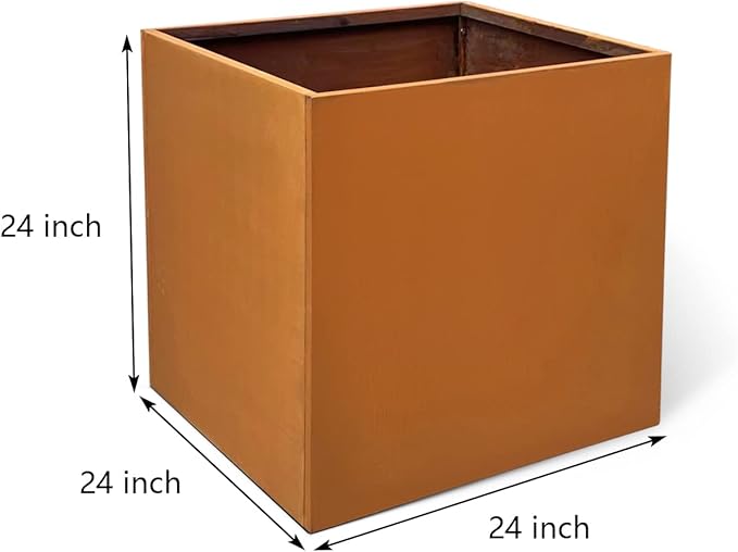 Corten Steel Planter Box Large Outdoor Planter Square Cube Planters Rustic Metal Garden Flower Pot 24 Inch Durable Antique Detached for Commercial Residential Patio Deck and Yard-Ruum Studio Home