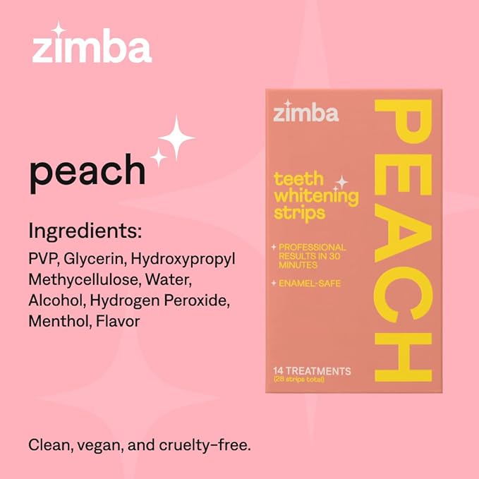 Zimba Teeth Whitening Strips Vegan Whitening Strip Enamel Safe Teeth Whitening Hydrogen Peroxide Teeth Whitener for Coffee, Wine, and Other Stains, 28 Strips (14 Day Treatment), Peach-Ruum Studio Home