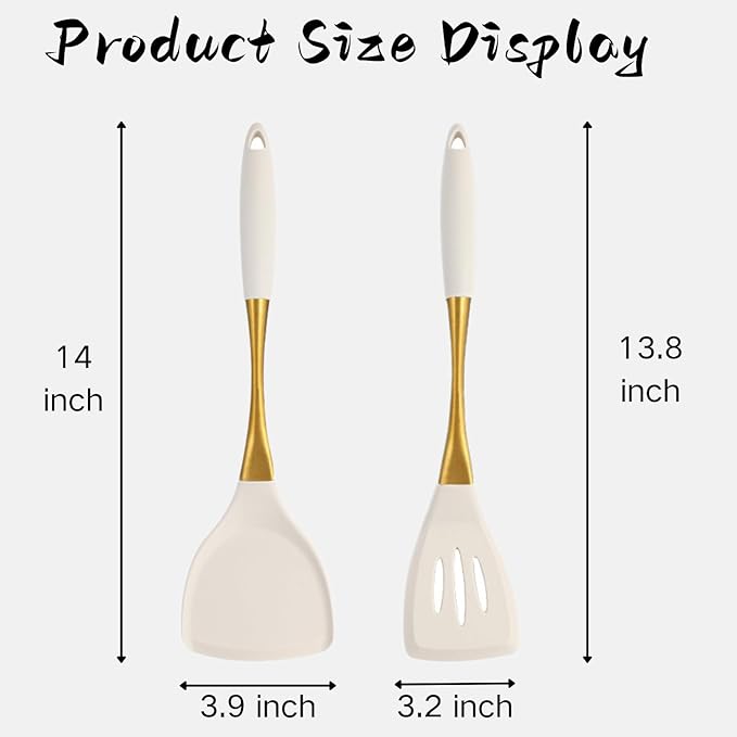 Heat-Resistant Silicone Kitchen Spatula Set – Non-Toxic Cooking Utensils with Solid & Slotted Designs –Food Grade Silicone and Stainless Steel Handles –Ideal for Nonstick Cookware, Gold-Ruum Studio Home