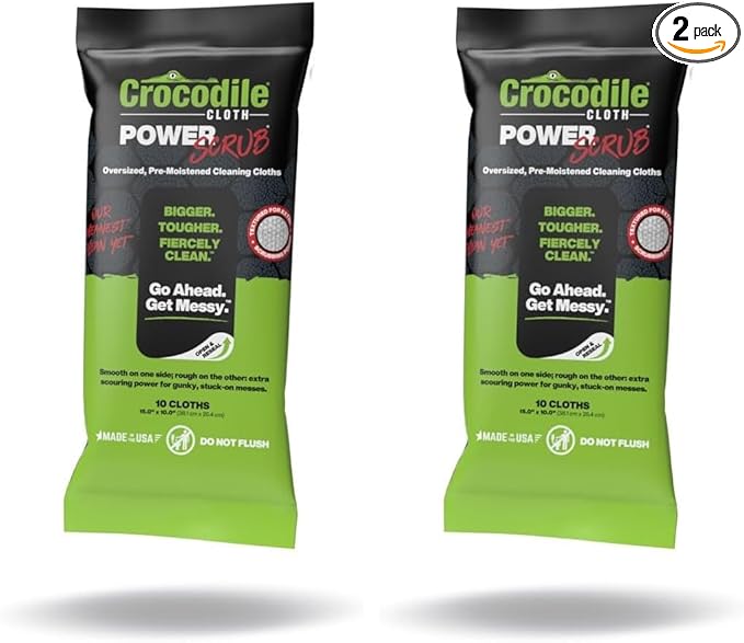 Crocodile Cloth PowerScrub - 10 Dual Surfaced Cloths, 10in X 15in. Large, Moist, Absorbent and Disposable Cleaning Cloths. Safe on Skin and Multiple Surfaces (Pack of 2)-Ruum Studio Home