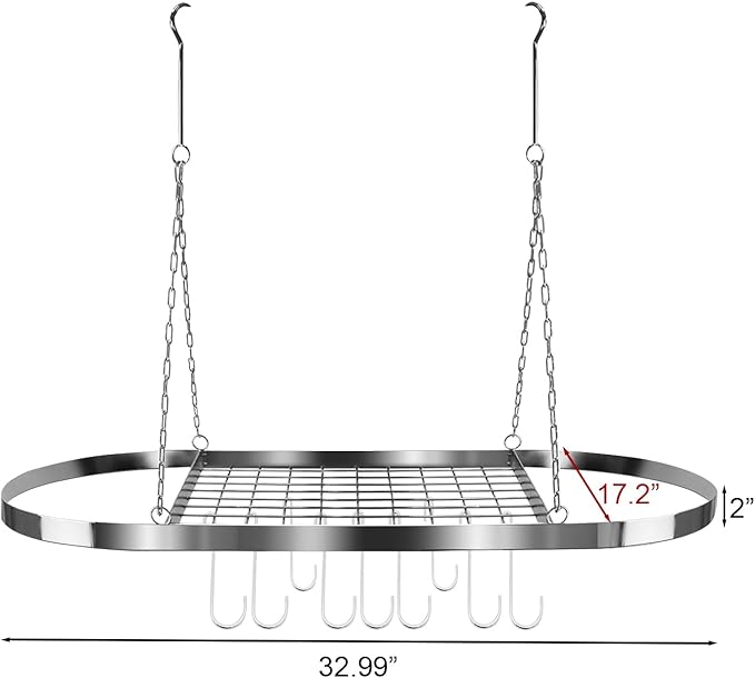 Sorbus® Pot and Pan Rack for Ceiling with Hooks — Decorative Oval Mounted Storage Rack — Multi-Purpose Organizer for Home, Restaurant, Kitchen Cookware, Utensils, Books, Household (Hanging Chrome)-Ruum Studio Home