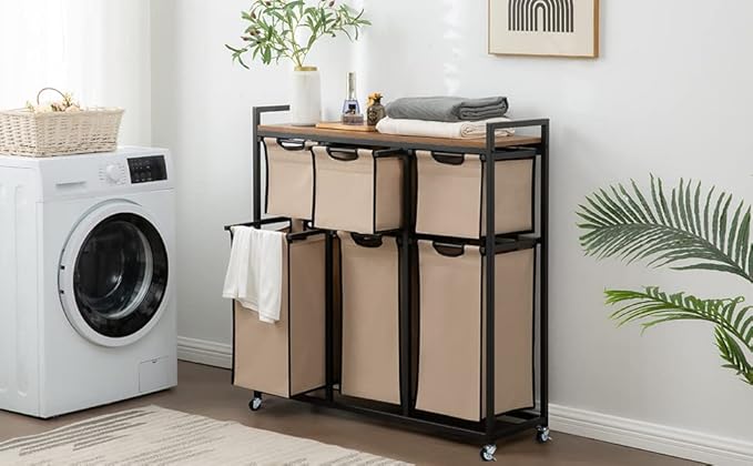 Laundry Basket Organizer, Hampers for Laundry 6 Compartments, Laundry Hamper with 6 Sliding Laundry Sorter Bags, Top Storage Shelf, and Metal Frame (6 Compartments)-Ruum Studio Home