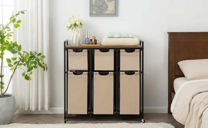 Laundry Basket Organizer, Hampers for Laundry 6 Compartments, Laundry Hamper with 6 Sliding Laundry Sorter Bags, Top Storage Shelf, and Metal Frame (6 Compartments)-Ruum Studio Home