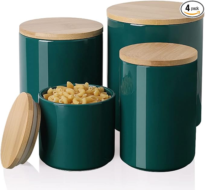 Sweejar Ceramic Kitchen Canister Sets, Porcelain Container for Countertop, Heavy Food Storage Jars with Airthight Seal Bamboo Lid, Servering for Sugar, Coffee Beans, Tea Leaves, Pack of 4(Jade)-Ruum Studio Home