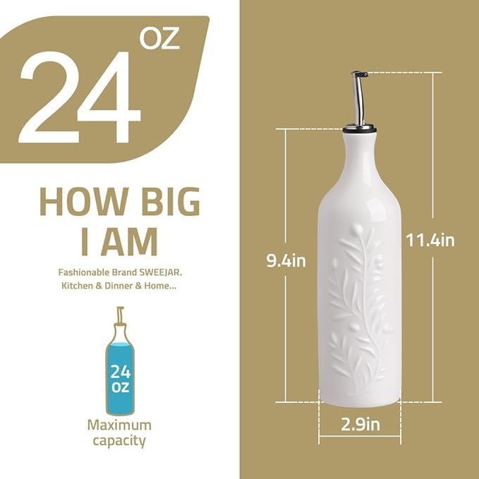 Sweejar Large Olive Oil Dispenser Bottle with Spout, 24 Oz Ceramic Oil Dispenser for Kitchen, Relief Opaque Oil Cruet, Oil Container for Cooking, EVOO, Avocado Oil, Vinegar, Pack of 1(Gray)-Ruum Studio Home