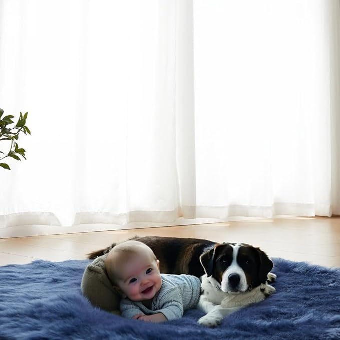 AMTOVO Faux Fur Sheepskin Rug for Living Room, 4 x 6 ft Dark Blue Fluffy Area Rug for Bedroom, Playroom, Luxury Room Decor, Rectangle-Ruum Studio Home