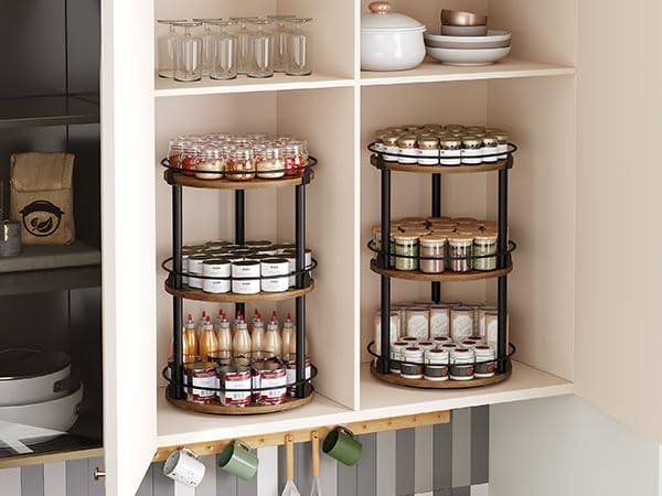 Spice Rack, Set of 2 Lazy Susan Organizer, 3-Tier Turntable Organizer For Cabinet, Compact and Versatile, for Kitchen Countertop, Rustic Brown SR23L2BR-Ruum Studio Home