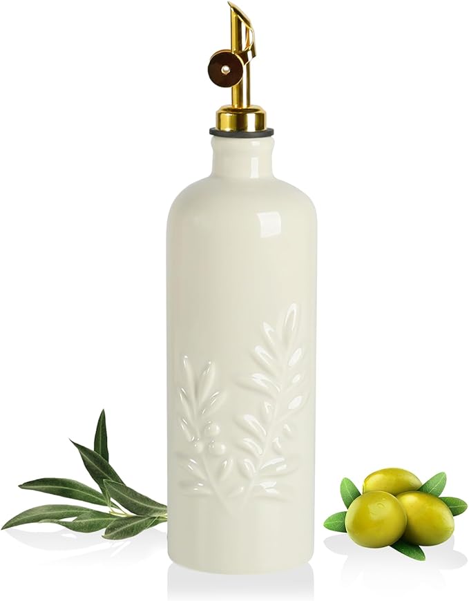 Sweejar 18 Oz Oil Dispenser for Kitchen with Gravity Spout, Ceramic Olive Oil Dispenser Bottle, Relief Opaque Vinegar Container for Evoo, Vinegar, Soy Sauce, Pack of 1(Beige, Gold Spout)-Ruum Studio Home
