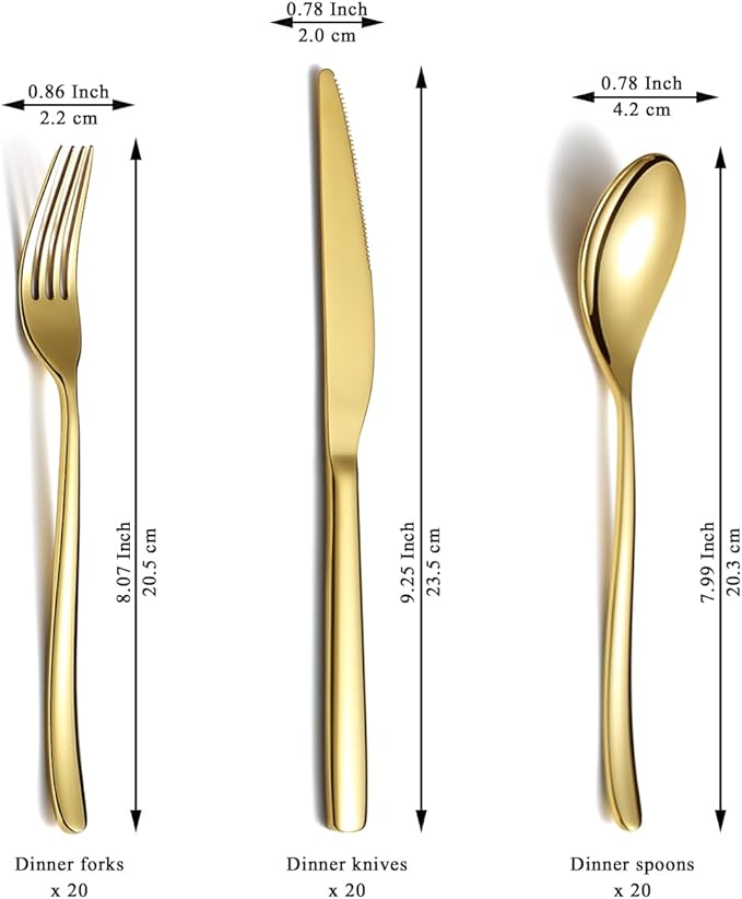 Berglander Gold Wedding Silverware Set 60pcs Service for 20, Titanium Plating Stainless Steel Flatware Set, Gold Spoons Forks Knives Set for Home, Wedding, Restaurant, Dishwasher Safe-Ruum Studio Home