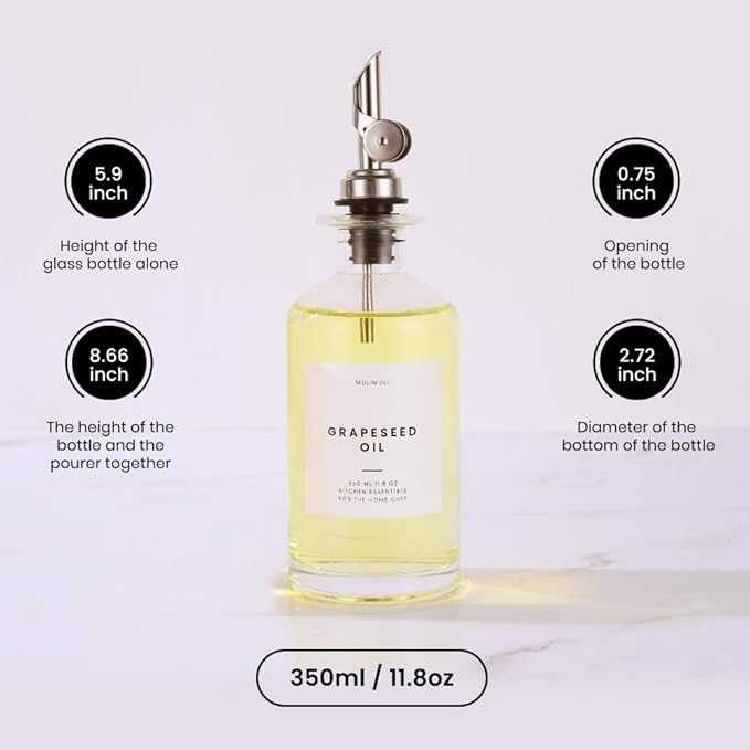 Molimoli Olive Oil Dispenser Bottle for Kitchen, Oil Dispenser w. Weighted Pourer, Glass Bottle Dispenser for Kitchen, Olive Oil Cruet, Glass Olive Oil Bottle | 350ml, Set of 4-Ruum Studio Home