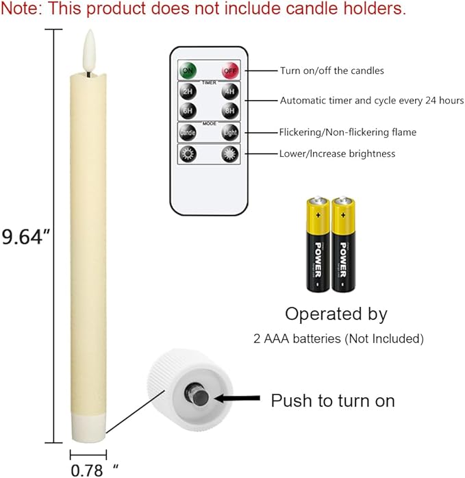 GenSwin Flameless Ivory Taper Candles Flickering with 10-Key Remote, Battery Operated Led Warm 3D Wick Light Window Candles Real Wax Pack of 6, Christmas Home Wedding Decor(0.78 X 9.64 Inch)-Ruum Studio Home