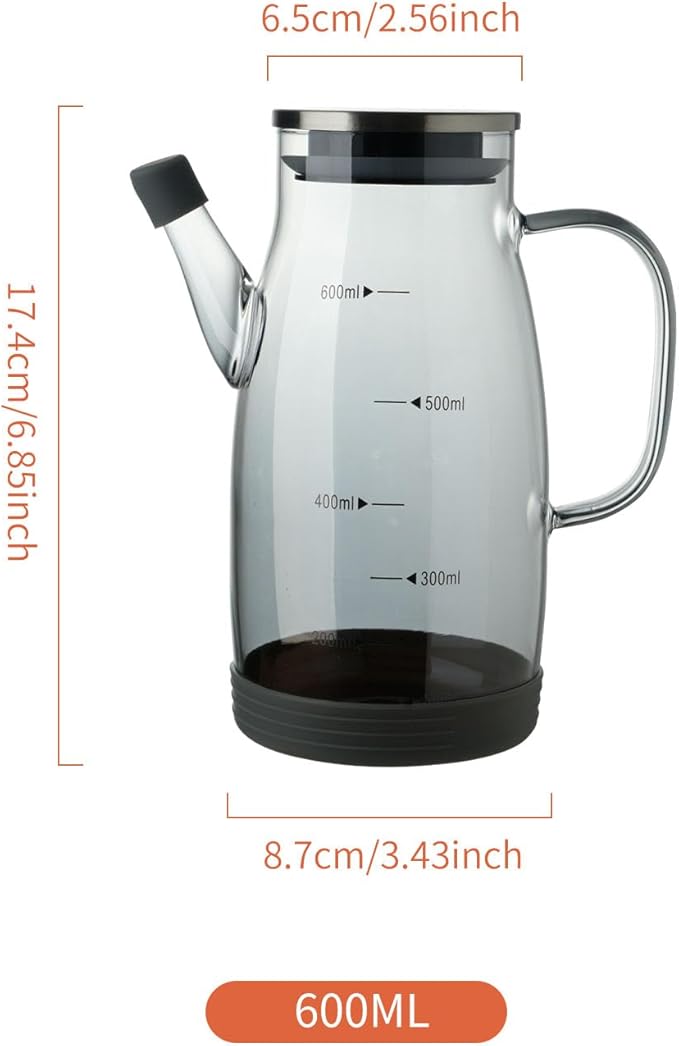 Large Glass Oil Dispenser Bottle for Kitchen Cooking Recipiente Para Aceite De Cocina Olive Oil Vinegar Dispenser Cruet Stainless Steel Lid No Drip Liquid Container (Grey, 20oz / 600ml)-Ruum Studio Home