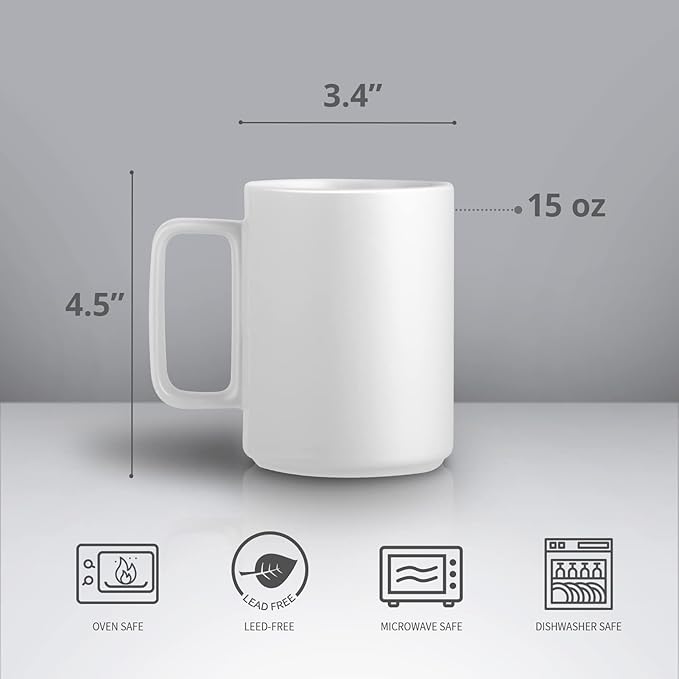 E-liu Porcelain Tea Mugs Coffee Mug Set, Large 15 Ounces Cups for Coffee, Tea, Cocoa, and Mulled Drinks, Set of 6, White-Ruum Studio Home