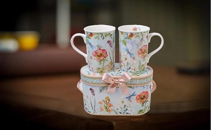 Lightahead Elegant Bone China Two Coffee Mugs Set in Floral Design 10.8 oz Each Cup in Attractive Gift Box