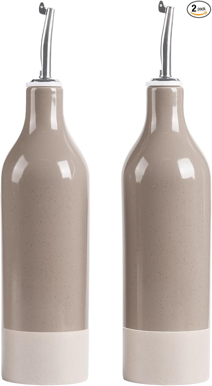 famiware Milkyway 16oz Ceramic Olive Oil Dispenser Bottle, Olive Oil and Vinegar Dispenser Bottle Set of 2 with Stainless Steel Pourers, Suitable for Storage Vinegar, Liquids, Cinnamon Brown-Ruum Studio Home