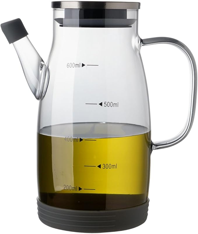 Large Glass Oil Dispenser Bottle for Kitchen Cooking Recipiente Para Aceite De Cocina Olive Oil Vinegar Dispenser Cruet Stainless Steel Lid No Drip Liquid Container (Grey, 20oz / 600ml)-Ruum Studio Home