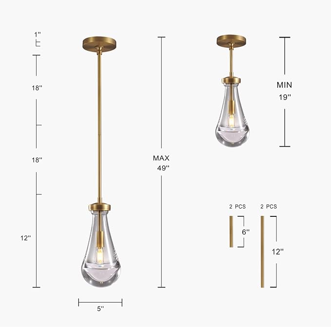 Modern Raindrop Pendant Lights, Pendant Lights for Kitchen Island, Brass Rod Dining Room Light Fixture, Clear Solid Raindrop Chandelier, Chandelier for Living Room Hallway, Including Bulb