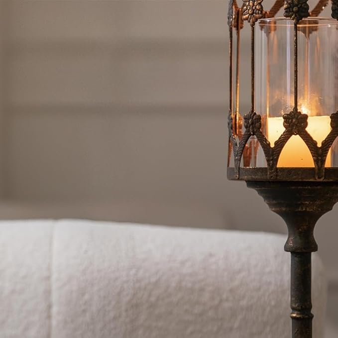 Vintage Floor Candelabra - 37.1" Tall Antique Gold Candle Holder with Glass Lantern, Rustic Gothic Metal Pillar Stand for Home Decor, Wedding & Event Centerpiece-Ruum Studio Home