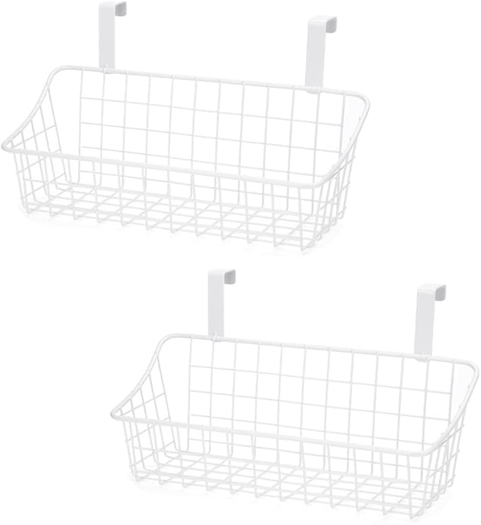 LeleCAT White Basket with hook Grid Storage Basket,Hang it behind a door or on a railing,Over the Cabinet Door,2 Pack-Ruum Studio Home