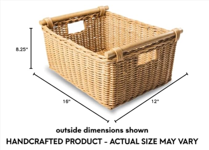 The Basket Lady Pole Handle Wicker Storage Basket, Medium, 16 in L x 12 in W x 8.25 in H, Sandstone-Ruum Studio Home