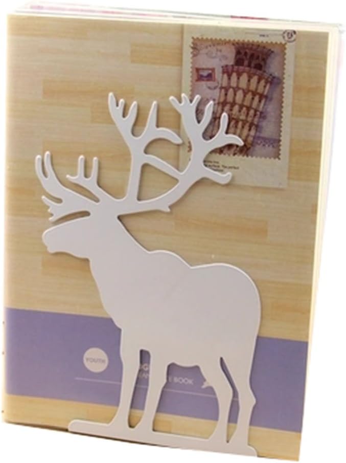 Winterworm Fashion Creative Cartoon Cute Iron Elk Moose Pattern Nonskid Metal Office Desk Bookends (White)-Ruum Studio Home