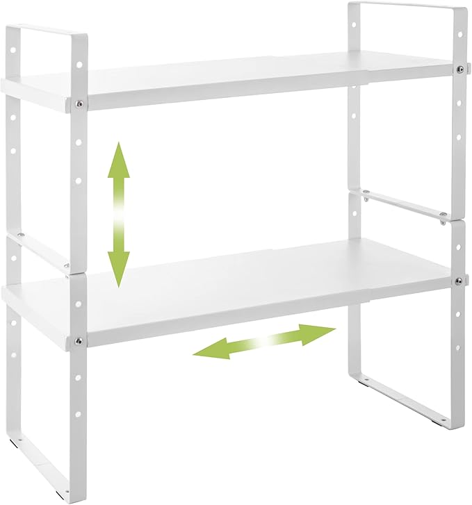 Expandable Cabinet Shelf Organizer Rack, Stackable Kitchen Counter Storage Shelves Stand, Adjustable Height Pantry Shelf Spice Rack (White, 2 Pack)-Ruum Studio Home