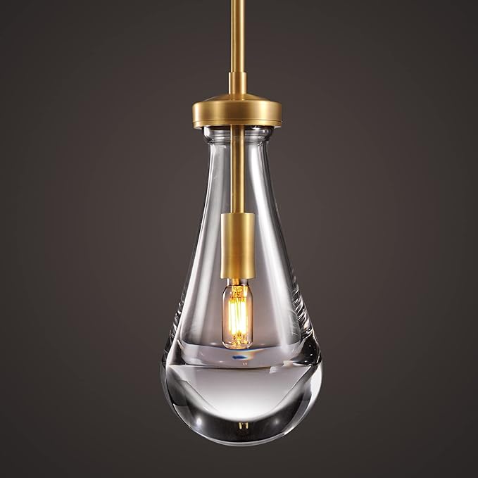 Modern Raindrop Pendant Lights, Pendant Lights for Kitchen Island, Brass Rod Dining Room Light Fixture, Clear Solid Raindrop Chandelier, Chandelier for Living Room Hallway, Including Bulb