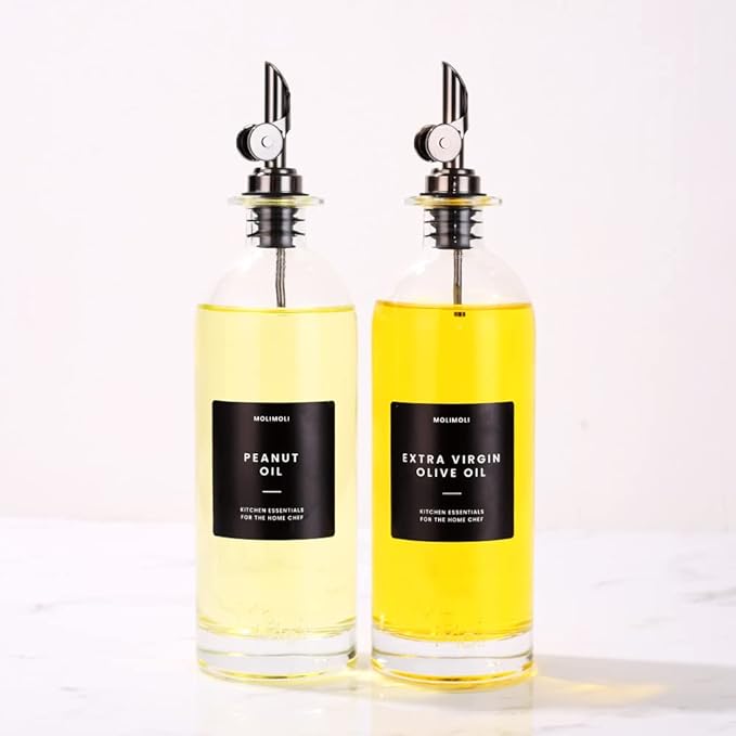 Molimoli Oil and Vinegar Dispenser with Metal Pour Spout, Weighted Pourer, Glass Bottle Dispenser for Kitchen, Olive Oil Cruet, Glass Olive Oil Bottle | 500ml, Set of 2-Ruum Studio Home