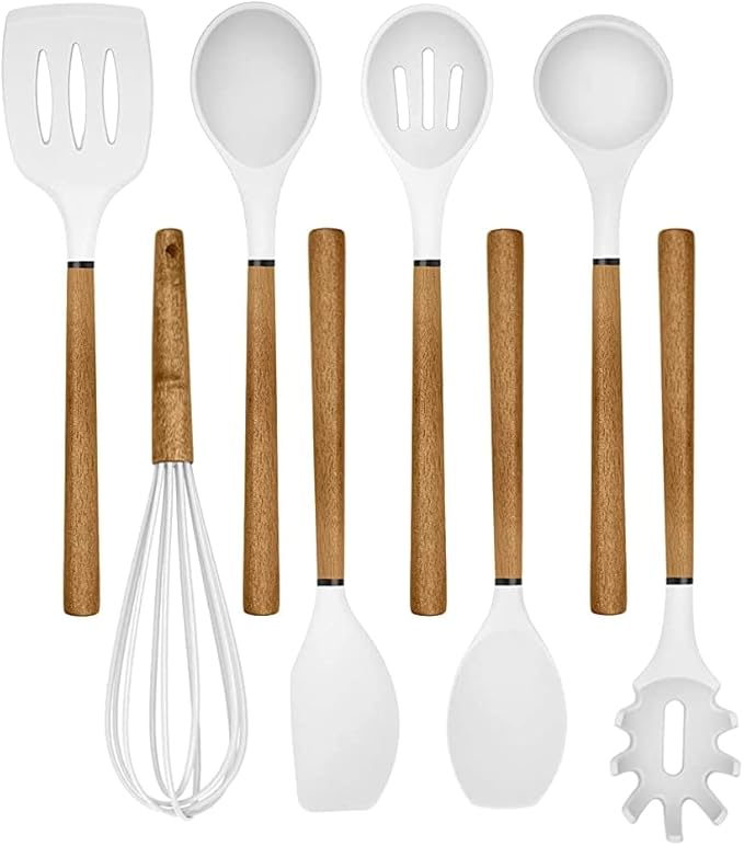 Country Kitchen Non Stick Silicone Utensil Set with Rounded Wood Handles for Cooking and Baking, 8 Piece Set, White-Ruum Studio Home