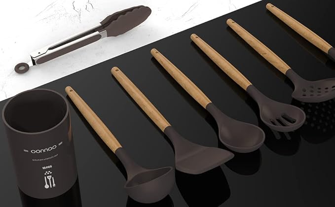 Silicone Cooking Utensils Set - 446°F Heat Resistant Silicone Kitchen Utensils for Cooking,Kitchen Utensil Spatula Set w Wooden Handles and Holder for Non-Stick Cookware, BPA FREE (Coffee)-Ruum Studio Home