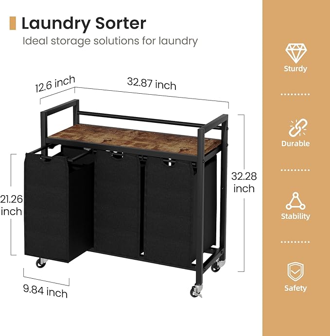 Laundry Hamper, Laundry Basket, Laundry Sorter with 3 Removable Bags, Clothes Basket with 3 Compartments, Wheels, Shelf for Laundry Room Bathroom Bedroom (3 Bags-Black)-Ruum Studio Home