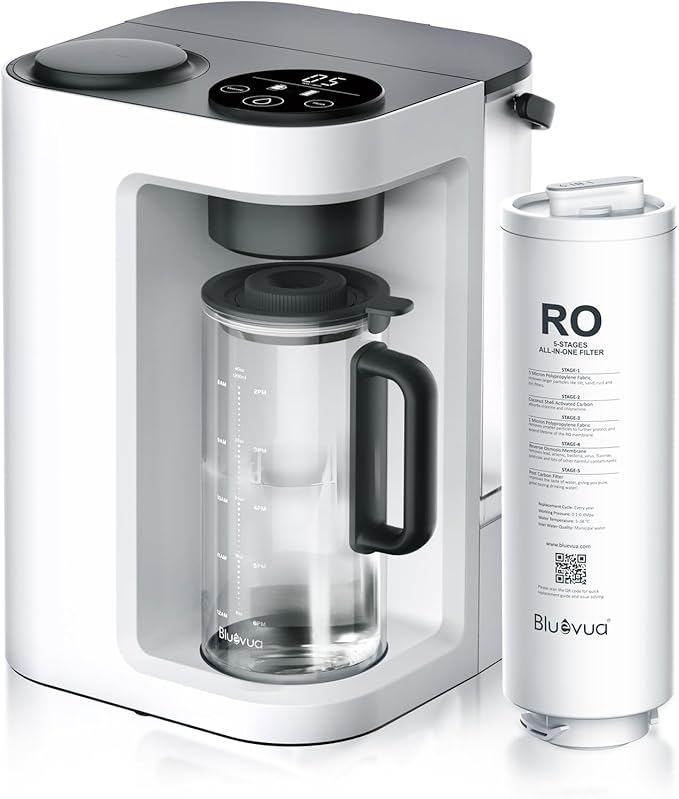 Bluevua RO100ROPOT-LITE Countertop Reverse Osmosis Water Filter System, 5 Stage Purification, 3:1 Pure to Drain, Portable Water Purifier (No Installation Required) (White)-Ruum Studio Home