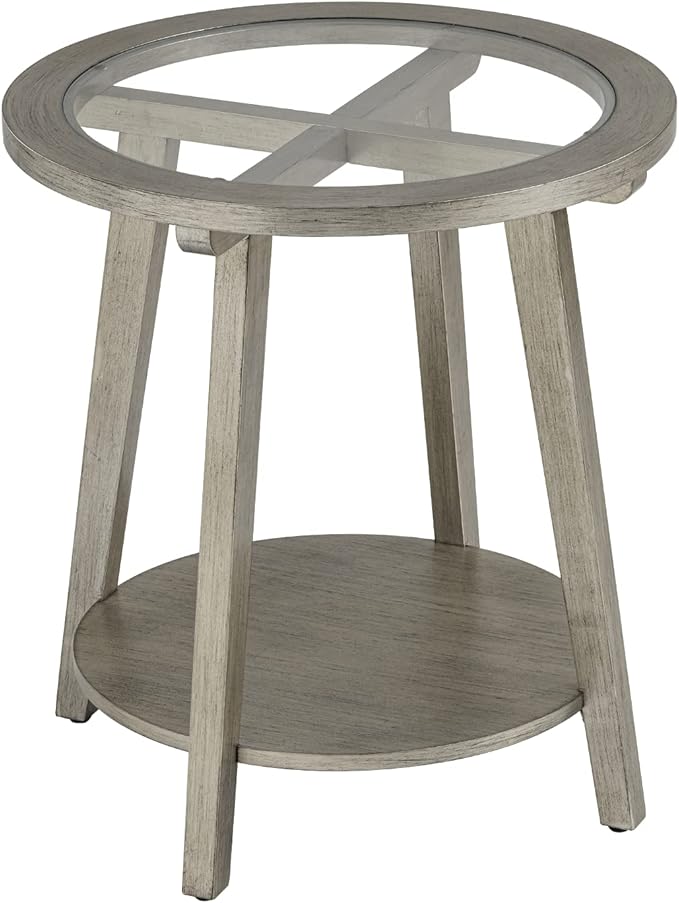 COSIEST 2-Tier End Table with Tempered Glass Top, Round MDF Side Table with Storage Shelf, Modern Wood Accent Table for Bedroom Living Room Home Office, Antique Silver-Ruum Studio Home