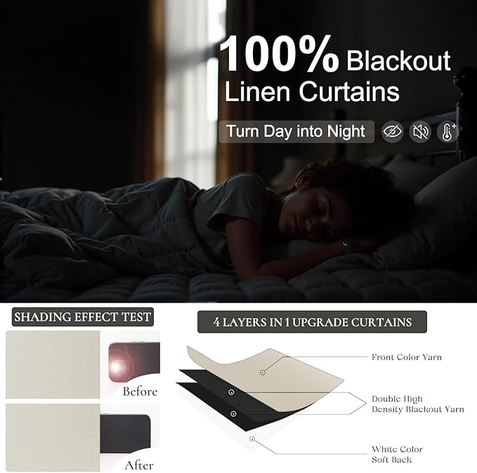 Boho Linen Black Out Curtains 72 Inch Long Back Tab Rod Pocket Living Room Curtains & Drapes 2 Panel Burg Full Blackout Insulated Thermal Curtain for Summer Heat Bedroom Bay Window Playroom Beige