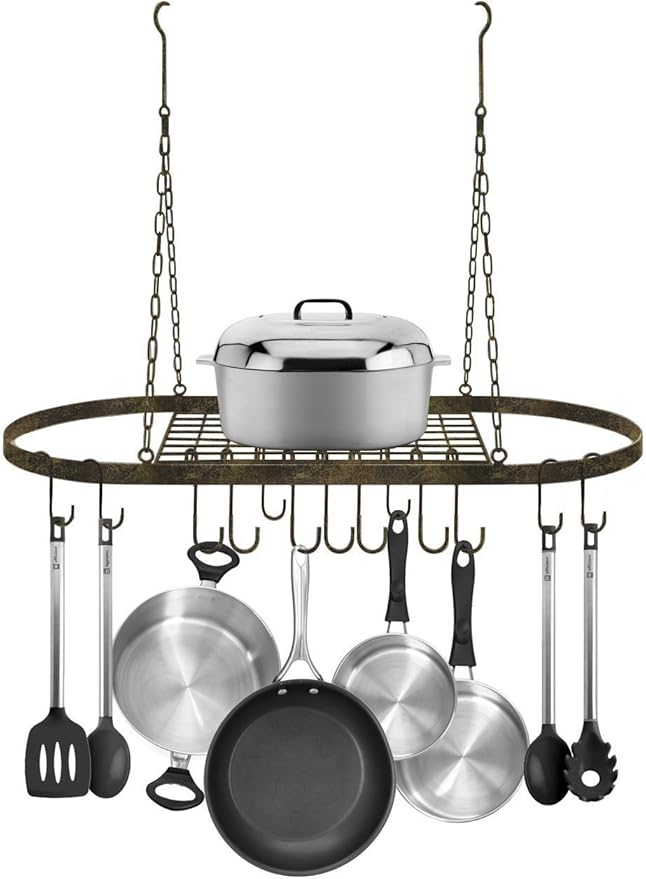 Sorbus® Pot and Pan Rack for Ceiling with Hooks — Decorative Oval Mounted Storage Rack — Multi-Purpose Organizer for Home, Restaurant, Kitchen Cookware, Utensils, Books, Household (Rustic)-Ruum Studio Home