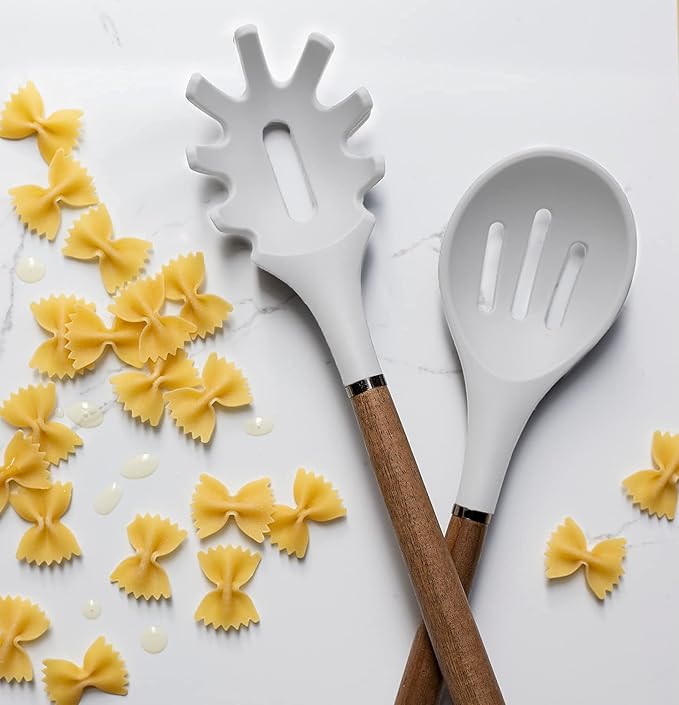 Country Kitchen Non Stick Silicone Utensil Set with Rounded Wood Handles for Cooking and Baking, 8 Piece Set, White-Ruum Studio Home