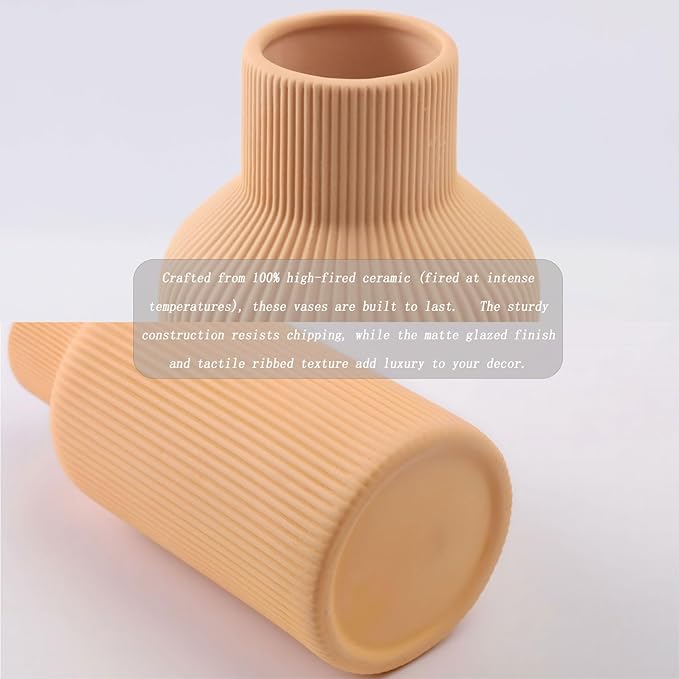 Ceramic Vase Set of 3, Vases Home Decor Modern Minimalist Decor Pottery Boho Vases for Pampas Grass Dried Fresh Flowers, Bookshelf, Shelf, Bedroom, Entryway Mantel Decor(Pink+Light Yellow+Orange)-Ruum Studio Home