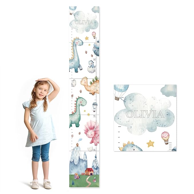 Personalized Name Growth Chart for Kids, Watercolor Dinosaur Height Measurement Chart for Children's Growth, Suitable for Both Boys and Girls, Removable and Easy to Store, Lightweight-Ruum Studio Home