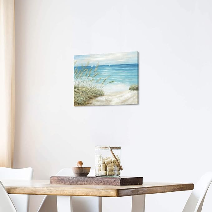 Beach Sea Canvas Wall Art: Seaside Coastal Reed Painting Blue Ocean Nautical Picture Modern Minimalist Seascape Grass Path Artwork Decor for Living Room Bedroom-Ruum Studio Home
