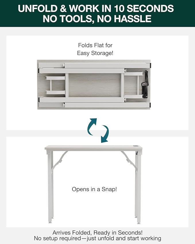 Frylr Small Folding Computer Desk β 35.8 Inch Portable Table for Craft and Study, Lightweight Desk for Small Spaces, Foldable Laptop Table Built-in AC/USB Outlets for Convenience, White Ash