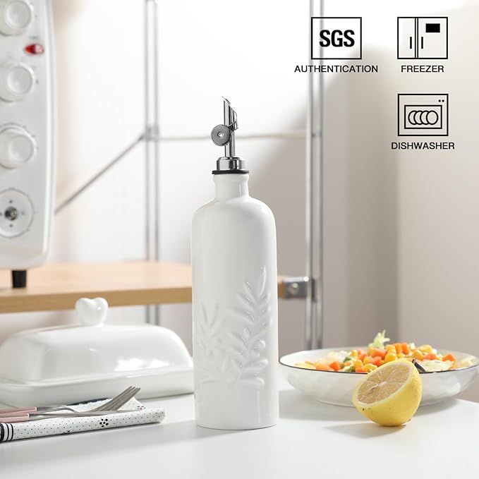 Sweejar 18 Oz Oil Dispenser for Kitchen with Gravity Spout, Ceramic Olive Oil Dispenser Bottle, Relief Opaque Vinegar Container for Evoo, Vinegar, Soy Sauce, Pack of 1(White, Silver Spout)-Ruum Studio Home