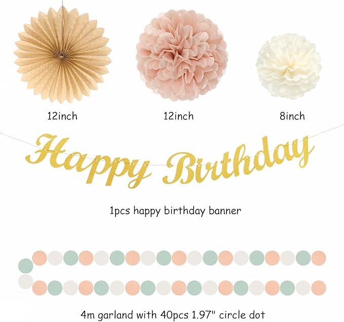 Sage-Green Blush-Pink Birthday Garland Party-Decorations - 14pcs Happy Banner 21st Spring Paper Flowers Lanterns Beige Tissue Pom Poms,Boho Streamers Fans,Neutral Rustic Hanging Supplies Decor Hugfond-Ruum Studio Home