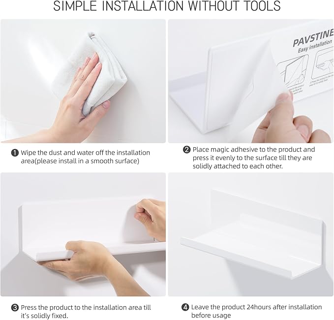 Acrylic Wall Floating Shelves Set of 2, Wall Shelves White 12 Inch Adhesive Wall Organizer Adhesive Shelf for Bathroom, Kitchen, Bedroom, Office, Gaming Room, No Damage, No Drill-Ruum Studio Home