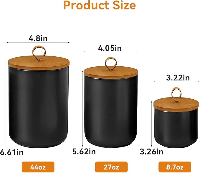 Canister Sets for Kitchen,Ceramic Kitchen Canisters for Countertop with Airtight Wood Lids for Serving Ground Coffee, Tea, Spice, Grains, Sugar, Salt (Black Pack of 3 (8.7/27/44 Oz))-Ruum Studio Home