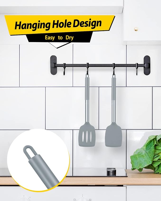 Pack of 2 Silicone Solid Turner, Non Stick Slotted Kitchen Spatulas, High Heat Resistant BPA Free Cooking Utensils, Ideal Cookware for Fish, Eggs, Pancakes(Gray)-Ruum Studio Home