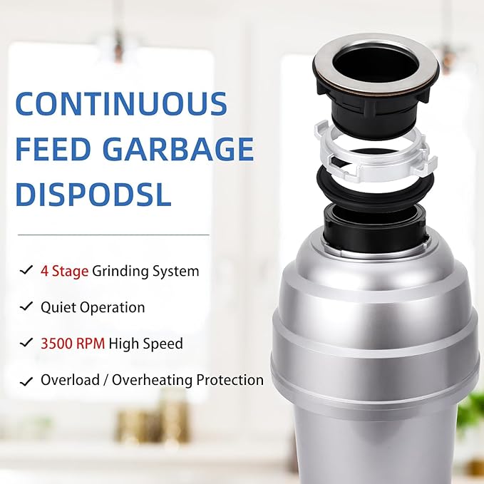Powerful 1HP Stainless Steel Garbage Disposer, Dishwasher-Friendly and Continuous Feeding Waste Disposer, Grinding Material Four-Stage Grinding, Silver-Ruum Studio Home