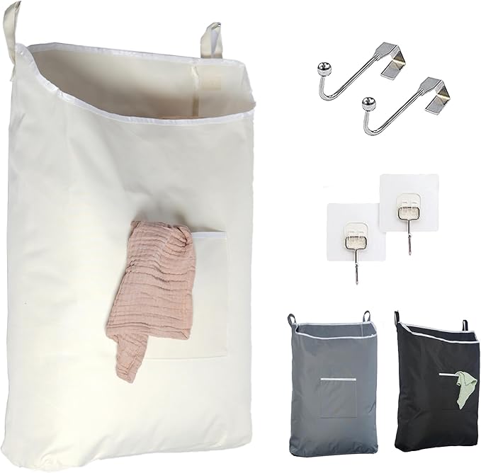 The Fine Living Co. Hanging Laundry Hamper with Over Door Hooks & Adhesive, Durable Space Saving Laundry Bag with Zipper and Wide Open Top, Hanging Dorm Laundry Hamper 18"x4.75"x28" (Beige-L)-Ruum Studio Home